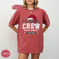 a woman wearing a red christmas crew shirt