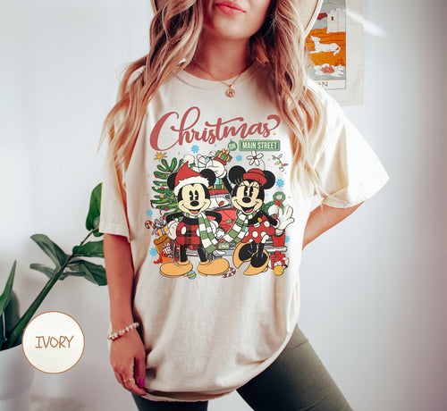 Vintage Mickey Minnie Disney Christmas On Main Street Shirt, Retro Disney Christmas Shirt, Mickey's Christmas Party 2024 Matching Shirt