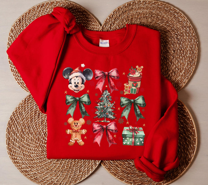 Retro Mickey Coquette Bow Sweatshirt, Disney Christmas Sweatshirt, Christmas Mickey And Minnie Plaid Sweatshirt, Christmas Family Sweat