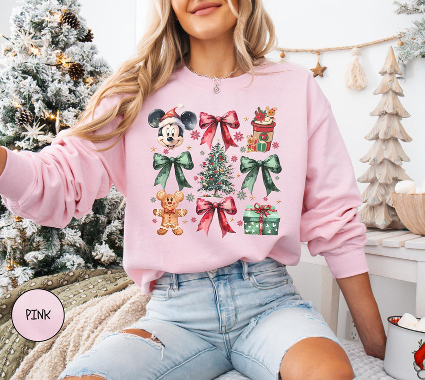 Retro Mickey Coquette Bow Sweatshirt, Disney Christmas Sweatshirt, Christmas Mickey And Minnie Plaid Sweatshirt, Christmas Family Sweat