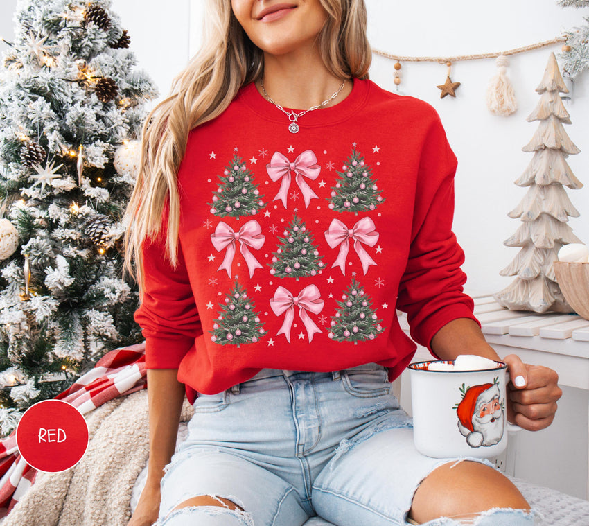 Coquette Bow Christmas Sweatshirt, Christmas Tree Shirt, Comfort Colors Christmas Sweatshirt, Girly Christmas Sweater, Coquette Bow Sweater