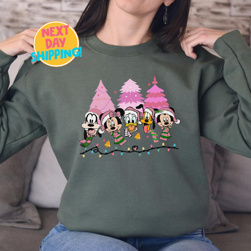 Mickey and Friends Christmas Sweatshirt, Mickey's Very Merry Christmas, Pink Christmas tree Sweatshirt, Vintage Mickey And Friends Christmas