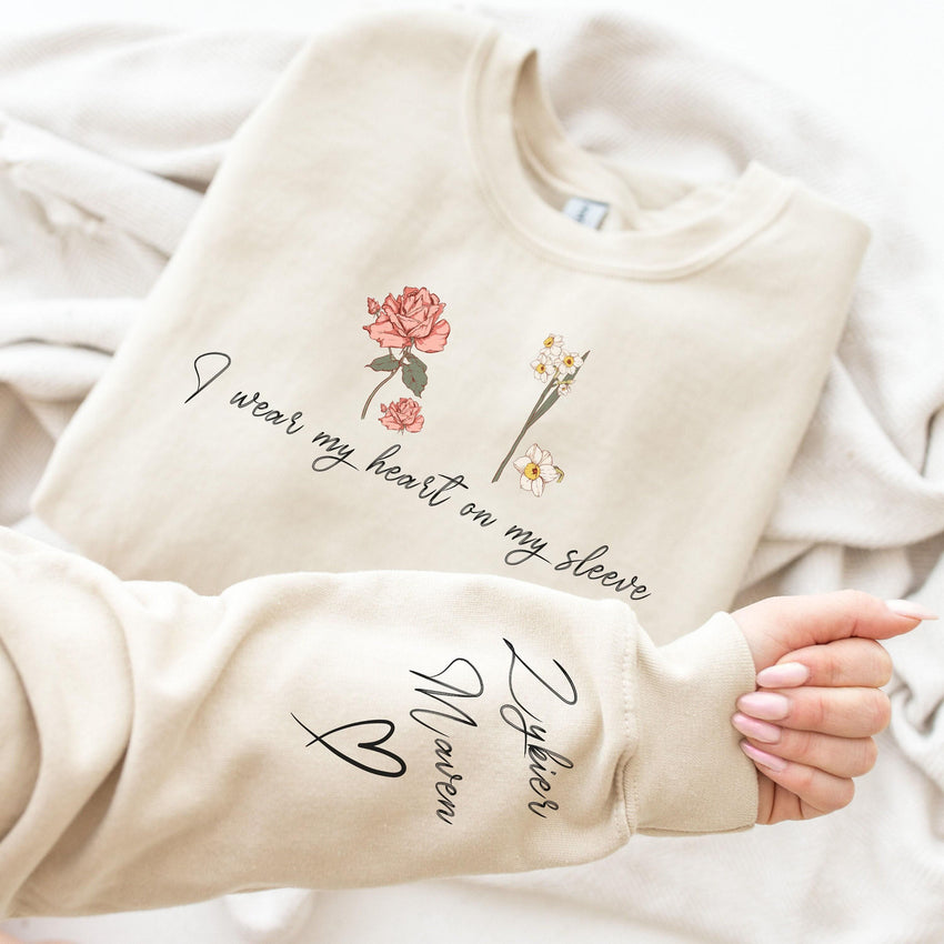 I Wear My Heart On My Sleeve Sweatshirt, Custom Mom Sweatshirt with Kids Name on Sleeve, Gift for Mama,Granny Gift,Valentine's Day Gift