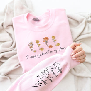 I Wear My Heart On My Sleeve Sweatshirt, Custom Mom Sweatshirt with Kids Name on Sleeve, Gift for Mama,Granny Gift,Valentine's Day Gift