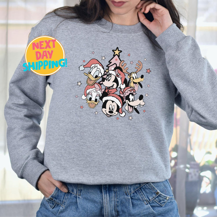 Retro Mickey and friends Disney Christmas shirt, Pink Christmas tree Sweatshirt, Very merry Christmas,Vintage Christmas Sweater