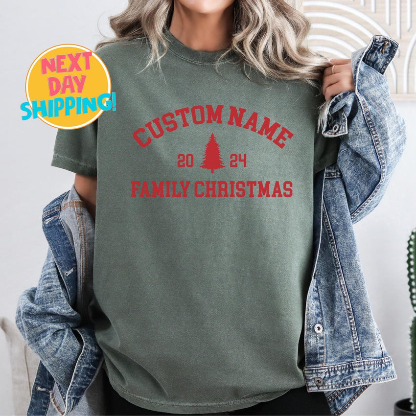 Comfort Colors Family Holiday Matching shirts, Custom Name Christmas Tree Sweatshirt, Xmas Party Outfit