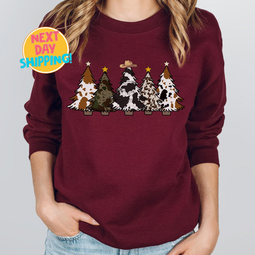 Retro Cowboy Christmas Tree Sweatshirt, Cow Print Christmas Tree Shirts, Xmas Farm Tees Cowboy Hat, Christmas Cowgirl Shirt, Merry Christmas