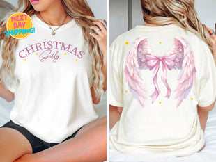 Christmas Girly Angel Wings Comfort Colors , Cute Holiday Tee for Women, Festive Christmas Graphic Shirt, Trendy Xmas Gift for Her