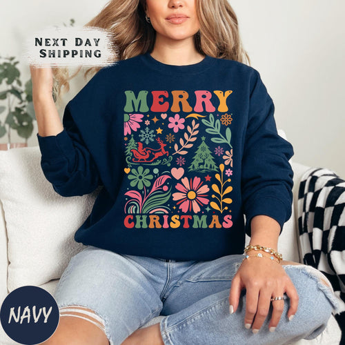 Merry Christmas Boho Flowers Sweatshirt, Christmas Party Sweatshirt, Family Christmas Sweatshirt, Christmas Retro Sweatshirt