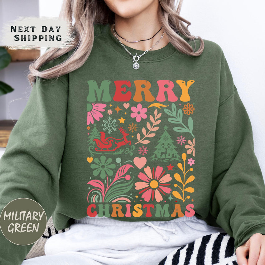 a woman wearing a green merry christmas sweatshirt