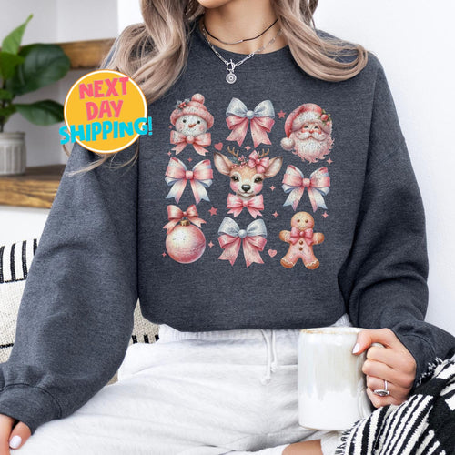 Cute Christmas Sweatshirt for Women, Kawaii Holiday Crewneck with Santa, Pink Christmas Shirt, Gingerbread, Pastel Christmas Sweatshirt Gift