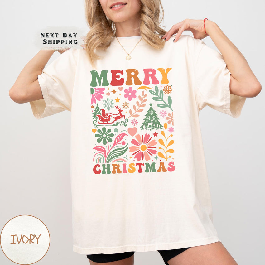 a woman wearing a merry christmas t - shirt