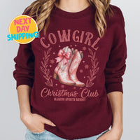 Cowgirl Christmas Club Sweatshirt, Western Holiday Shirt, Pink Boots Christmas Graphic, Country Christmas Sweater for Women, Merry Christmas