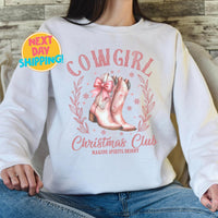 Cowgirl Christmas Club Sweatshirt, Western Holiday Shirt, Pink Boots Christmas Graphic, Country Christmas Sweater for Women, Merry Christmas