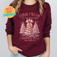 Vintage Farm Fresh Christmas Trees Sweatshirt, Retro Pink Tree Holiday Sweater, Pine Spruce Fir Christmas Graphic Shirt, Cozy Winter Outfit