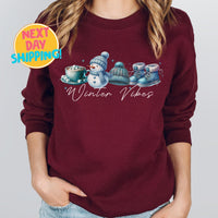 Winter Vibes Cozy Sweatshirt, Cute Winter Snowman Graphic Shirt, Warm Holiday Sweater, Hot Cocoa and Beanie Print, Winter Fashion