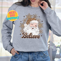 Believe Leopard Santa Sweatshirt, Retro Christmas Graphic Sweater, Holiday Santa Shirt, Cute Leopard Print Santa Top Cozy Christmas Pullover