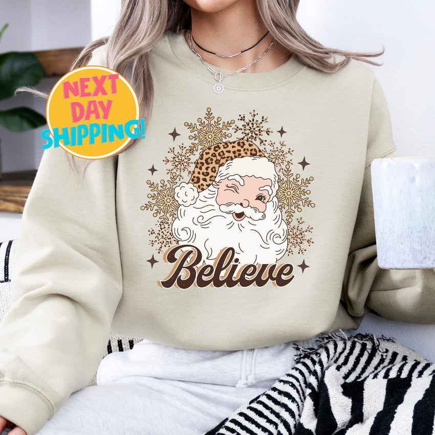 Believe Leopard Santa Sweatshirt, Retro Christmas Graphic Sweater, Holiday Santa Shirt, Cute Leopard Print Santa Top Cozy Christmas Pullover