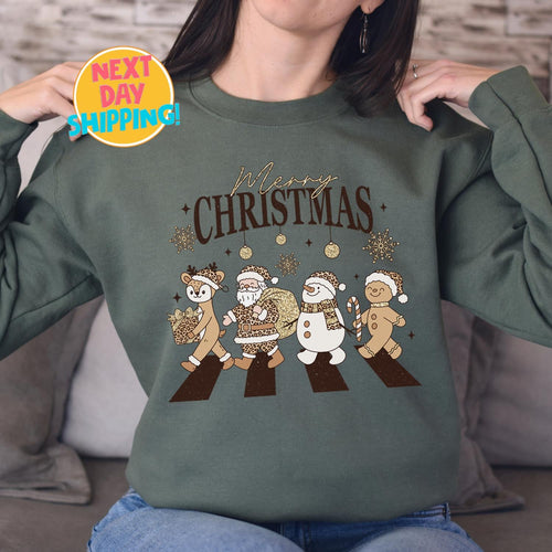 Cute Christmas Characters Sweatshirt, Holiday Xmas Gift, Merry Christmas,  Leopard Santa Sweatshirt, Retro Christmas Shirt, Gift for Woman