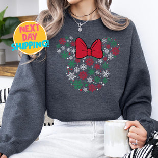 Christmas Snowflake Bow Sweatshirt, Cute Holiday Minnie Sweatshirt, Disney Christmas Shirt Xmas Disney Sweater Christmas Vacation Sweatshirt