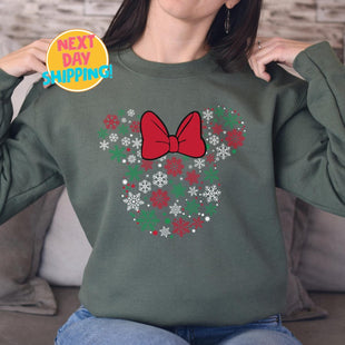 Christmas Snowflake Bow Sweatshirt, Cute Holiday Minnie Sweatshirt, Disney Christmas Shirt Xmas Disney Sweater Christmas Vacation Sweatshirt