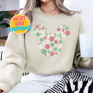 Christmas Snowflake Bow Sweatshirt, Cute Holiday Mickey Sweatshirt, Disney Christmas Shirt Xmas Disney Sweater Christmas Vacation Sweatshirt