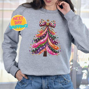 Colorful Christmas Tree Sweatshirt, Coquette Colorful Christmas Tree, Christmas Coquette Bow, Holiday Sweaters for Women, Christmas Gift