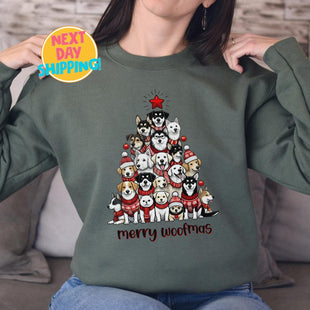 Christmas Dog Lover Gift, Merry Woofmas Dog Christmas Sweatshirt,  Christmas Dog Shirt, Dachshund Lover Shirt, Christmas Dog Tree