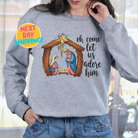 Oh Come Let Us Adore Him Nativity Sweatshirt,  Christian Christmas Sweatshirt, Jesus Birth Sweatshirt