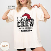 a woman wearing a christmas crew t - shirt