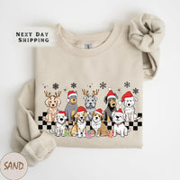 a t - shirt with a group of dogs wearing santa hats