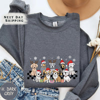 a gray shirt with dogs wearing santa hats