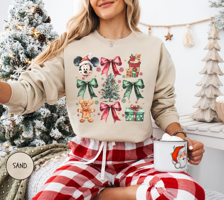 Retro Mickey Coquette Bow Sweatshirt, Disney Christmas Sweatshirt, Christmas Mickey And Minnie Plaid Sweatshirt, Christmas Family Sweat