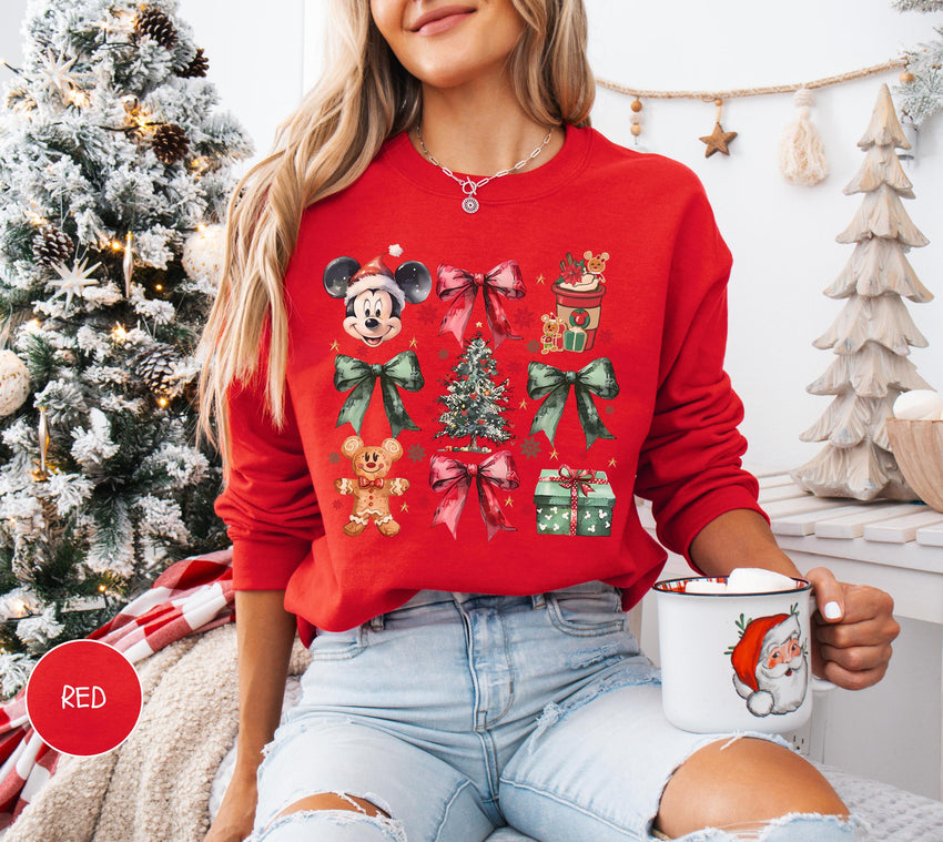 Retro Mickey Coquette Bow Sweatshirt, Disney Christmas Sweatshirt, Christmas Mickey And Minnie Plaid Sweatshirt, Christmas Family Sweat