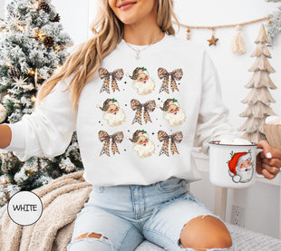 Coquette Bow Sweatshirt, Cute Leopard Ribbon Santa Sweatshirt, Merry Christmas Bows Sweater, Christmas Gift, Gift For Women