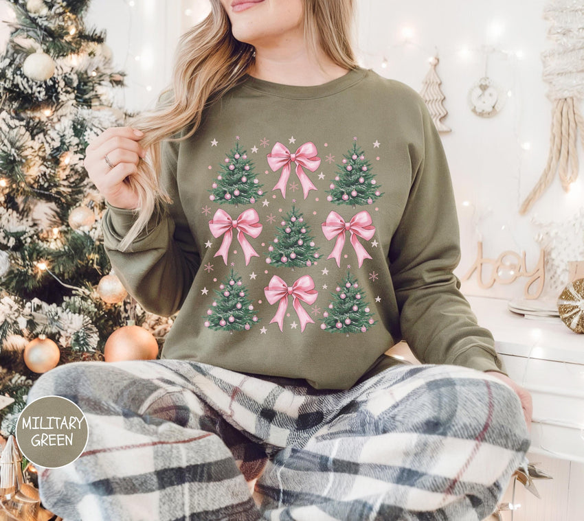 Coquette Bow Christmas Sweatshirt, Christmas Tree Shirt, Comfort Colors Christmas Sweatshirt, Girly Christmas Sweater, Coquette Bow Sweater