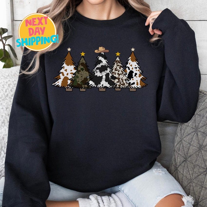 Retro Cowboy Christmas Tree Sweatshirt, Cow Print Christmas Tree Shirts, Xmas Farm Tees Cowboy Hat, Christmas Cowgirl Shirt, Merry Christmas