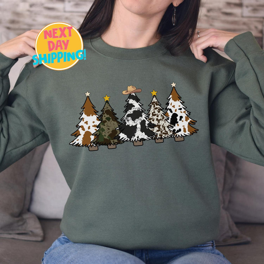 Retro Cowboy Christmas Tree Sweatshirt, Cow Print Christmas Tree Shirts, Xmas Farm Tees Cowboy Hat, Christmas Cowgirl Shirt, Merry Christmas