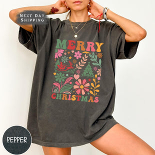 Comfort Colors Merry Christmas Boho Flowers Shirt, Christmas Party Shirt, Family Christmas Shirt, Christmas Retro Shirt, Boho Flowers Shir